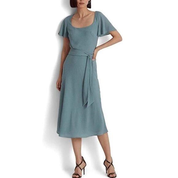 LAUREN RALPH LAUREN Black Label BELTED CREPE FLUTTER-SLEEVE DRESS Scoop Neck 0 g - Picture 1 of 11